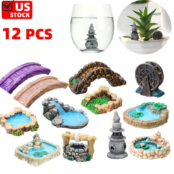 12 Pcs Fairy Garden Accessories Outdoor Resin Miniature Bridge Figurines Mini Lighthouse Micro Pond Small Lawn Ornaments Kit for DIY Craft Gift Landscape Dollhouse Succulents Home Decor