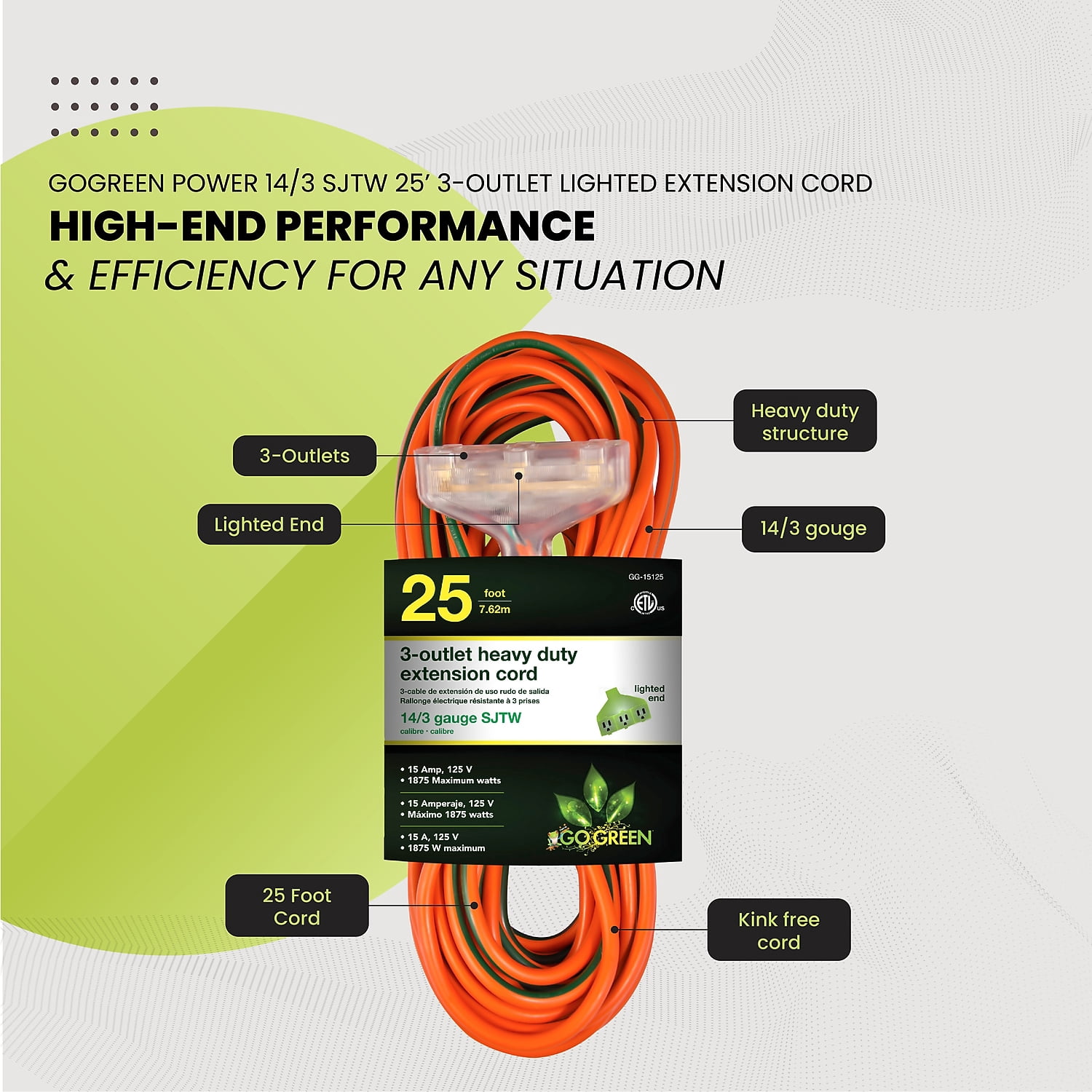 GoGreen Power (GG-15125) 14/3 25’ 3-Outlet SJTW Outdoor Extension Cord, Lighted Extension Cord, 25 ft
