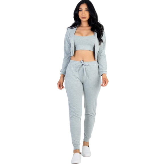 French Terry Cropped Cami with Zip-up Jacket and Joggers Set