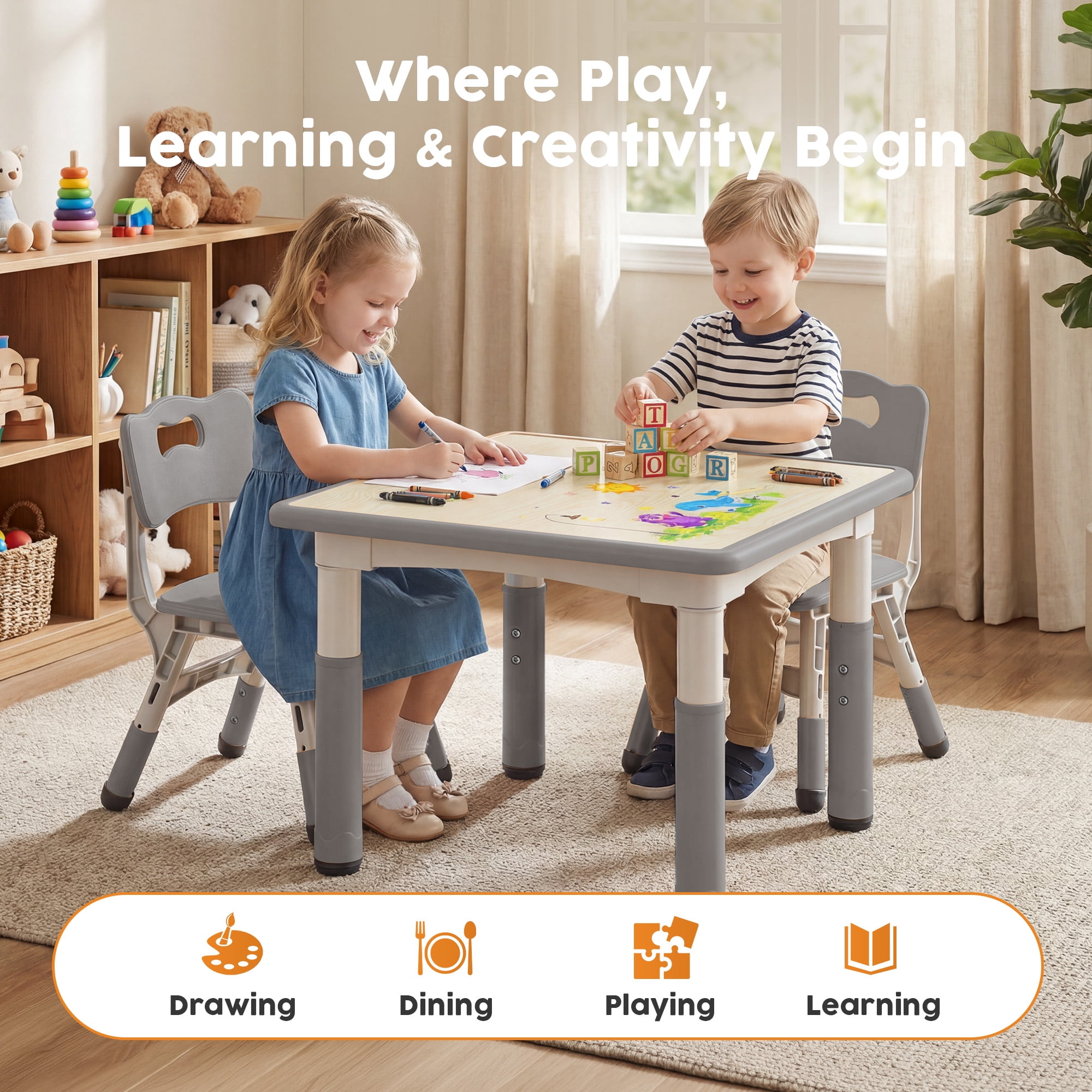 LINLUX Kids Table and 2 Chairs Set, Height Adjustable Table & Chairs, Activity Table for Toddlers, Basic Gray