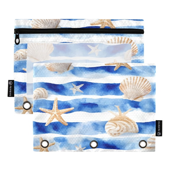 2 Pack 3 Ring Binder Pouch with Clear PVC Window Water Resistant Zipper Pencil Pouch Blue Nautical Stripes Pattern Binder Pocket for Classroom Office Home Stationery Organization