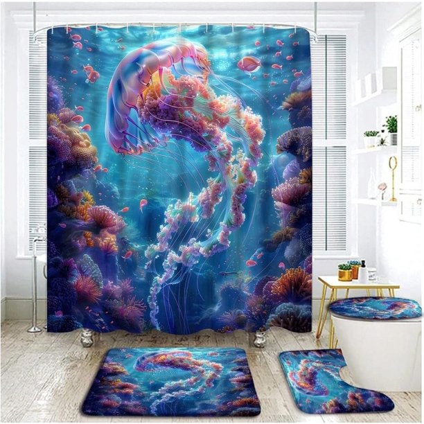 Juego de 4 cortinas de ducha con medusas oceánicas, alfombras, tapa de inodoro, cortina de ducha con ganchos, diseño de medusas luminosas del mundo submarino mágico, divertidos animales acuáticos