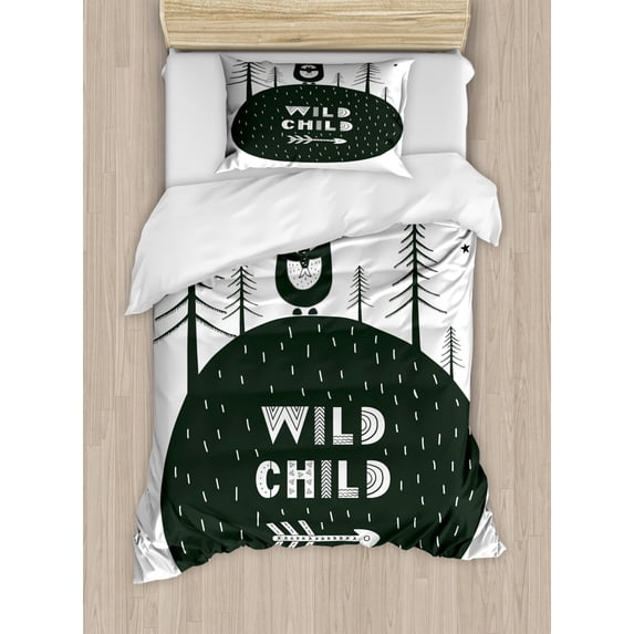 Black and White Twin Size Duvet Cover Set, Hand Drawn Bear Holding a Fish with a Smile in Forest Wild Child Quote, Decorative 2 Piece Bedding Set with 1 Pillow Sham, Black and White, by Ambesonne