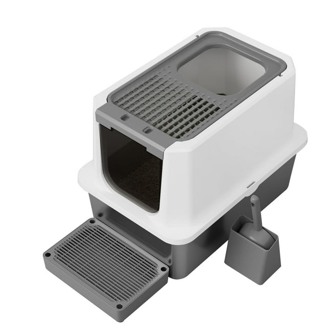 Caja de arena para gatos de acero inoxidable con tapa, inodoro extragrande, caja de arena de entrada superior con bordes aumentados, sin olor y fácil de instalar (gris oscuro, básico)