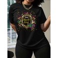 thumbnail image 1 of [Glossy Finish] Happy Mardi Gras" Festive Women's Black T-Shirt - Casual Short Sleeve, Round Neck with Colorful & Golden Print, Polyester, Machine Washable, 1 of 7