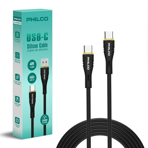 Philco USB C to USB C Cable, Type C Fast Charging Cable, 4FT, 20W Silicone Tangle Free USBC Cable, Black