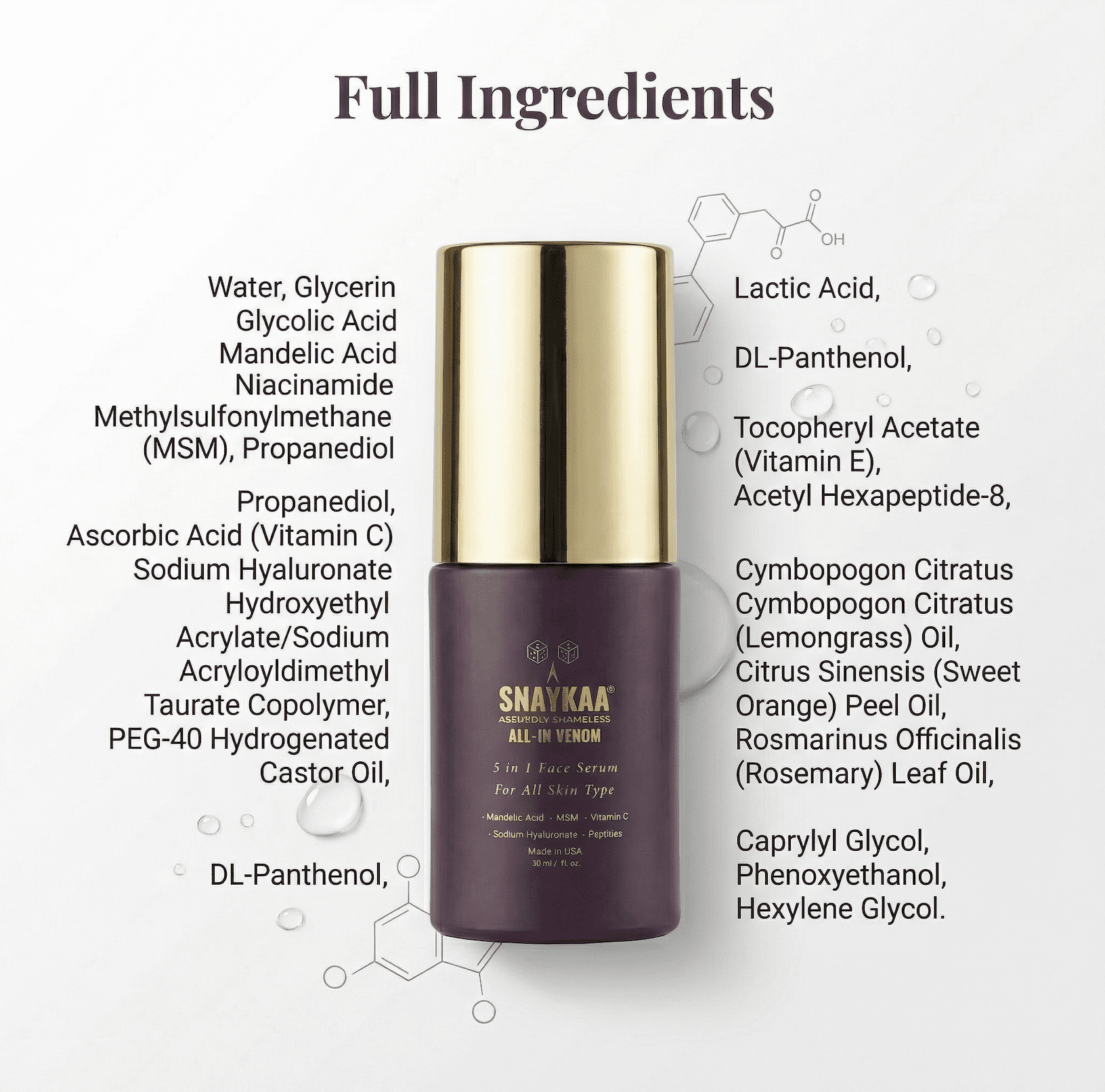 Snaykaa Brightening Face Serum – Dark Spots & Anti-Aging | Niacinamide, Vitamin C, Hyaluronic Acid & Peptides – Lightweight, Vegan, Made in USA – 30ml