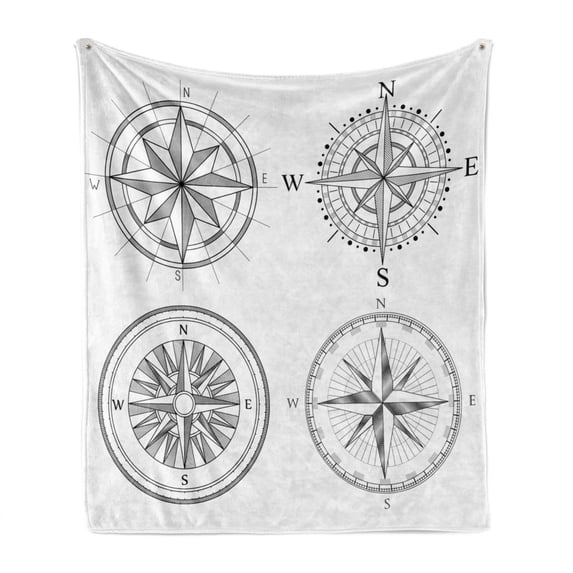 Compass Soft Flannel Fleece Throw Blanket, Seafaring Design Windroses in Black and White Sailing Away Journey Themed, Cozy Plush for Indoor and Outdoor Use, 50" x 70", Black and White, by Ambesonne