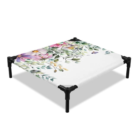 Purple Flower Elevated Dog Bed Green Eucalyptus Leaves Wild Floral Spring Cooling Breathable Outdoor Raised Dog Cot Bed with Metal Frame Non-Slip Feet for Small Dog 20x20in