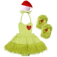 thumbnail image 2 of IBTOM CASTLE Newborn Infant Baby Girls Elk Christmas Costume Heart Faux Fur Tulle Tutu Romper Dress with Socks Fancy Dress up Carnival Party Outfit 12-18 Months Green - Halter & Hat, 2 of 8