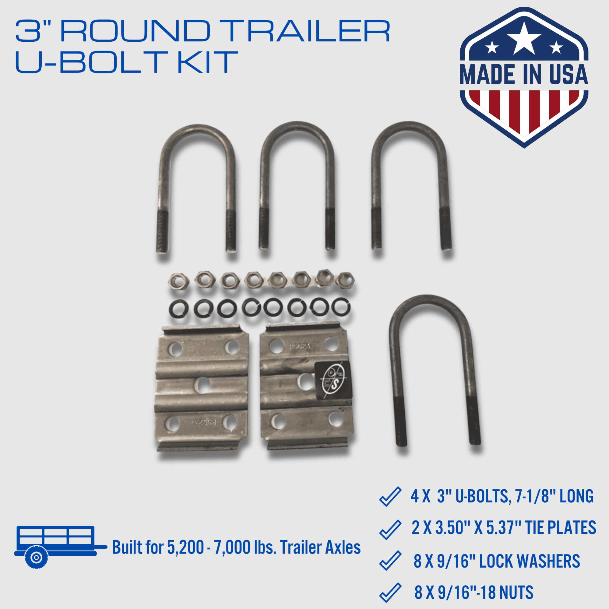 New Trailer U Bolt Kit For 5200-7000 Lbs 3" Round Axle 7" Long