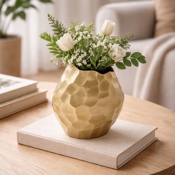 Aluminum Vase for Home Décor, Modern Gold Metal Flower Vase for Tabletop, Living Room, Entryway & Shelf Decor, 6.5 x 5 x 8 Inch