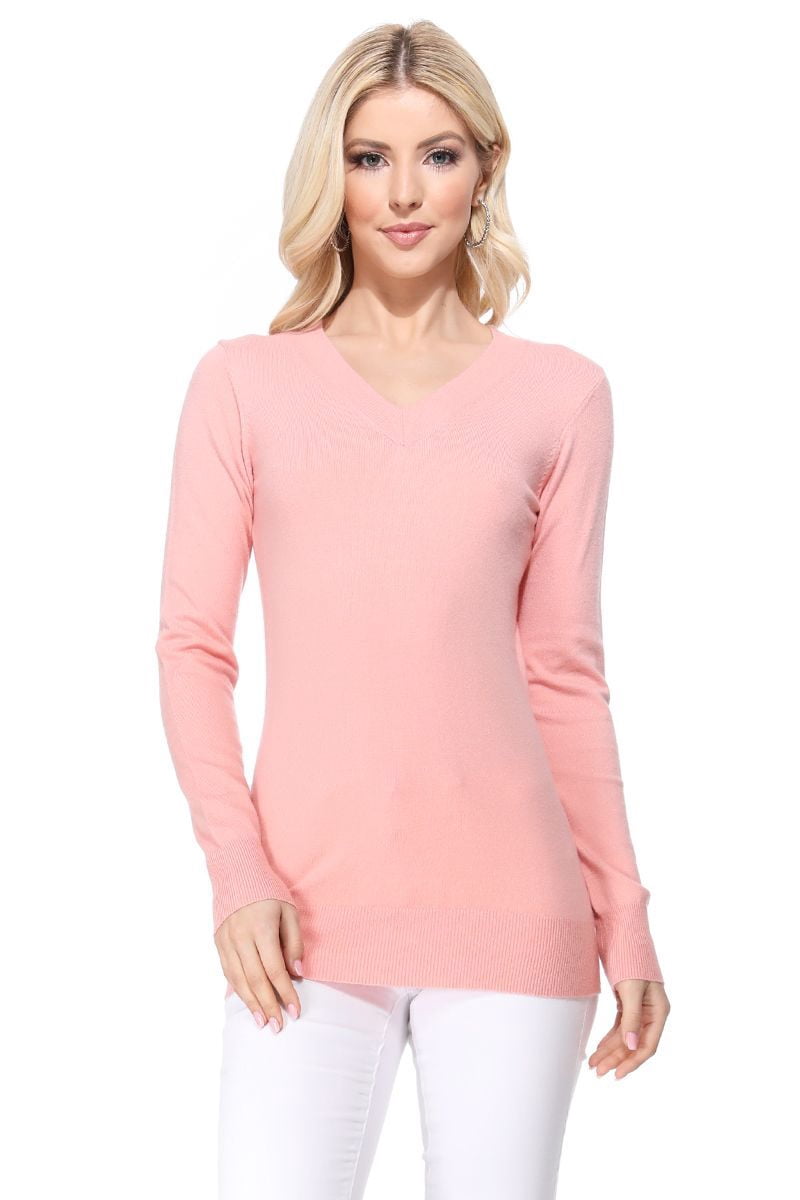 YEMAK Women's Knit Sweater Pullover Long Sleeve VNeck Basic Classic
