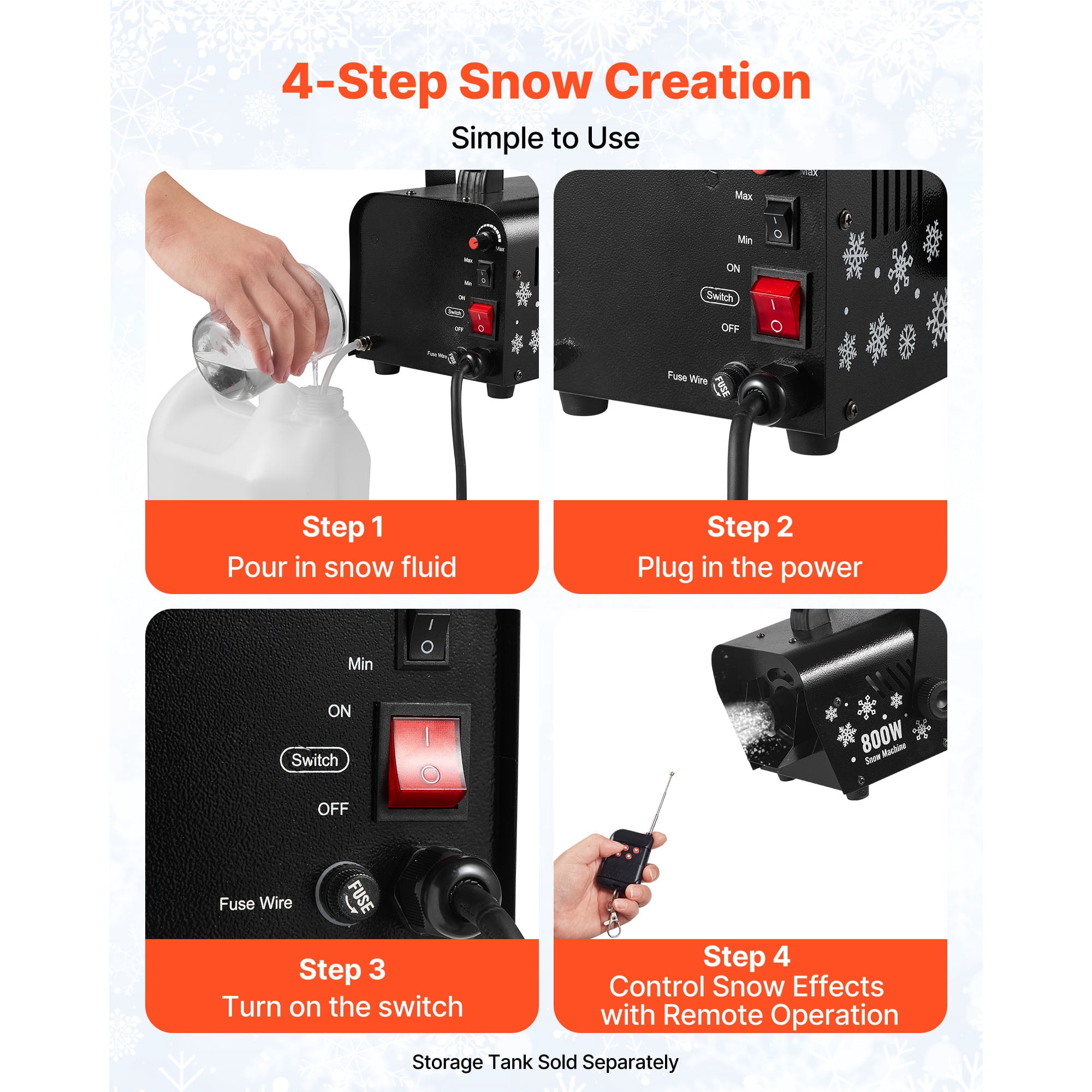 KFFKFF 800W Snow Machine with Remote Control, Portable Snowflake Maker with 1L Tank and Handle, Suitable for Indoor and Outdoor Events, Christmas Parties, and Stage Effects