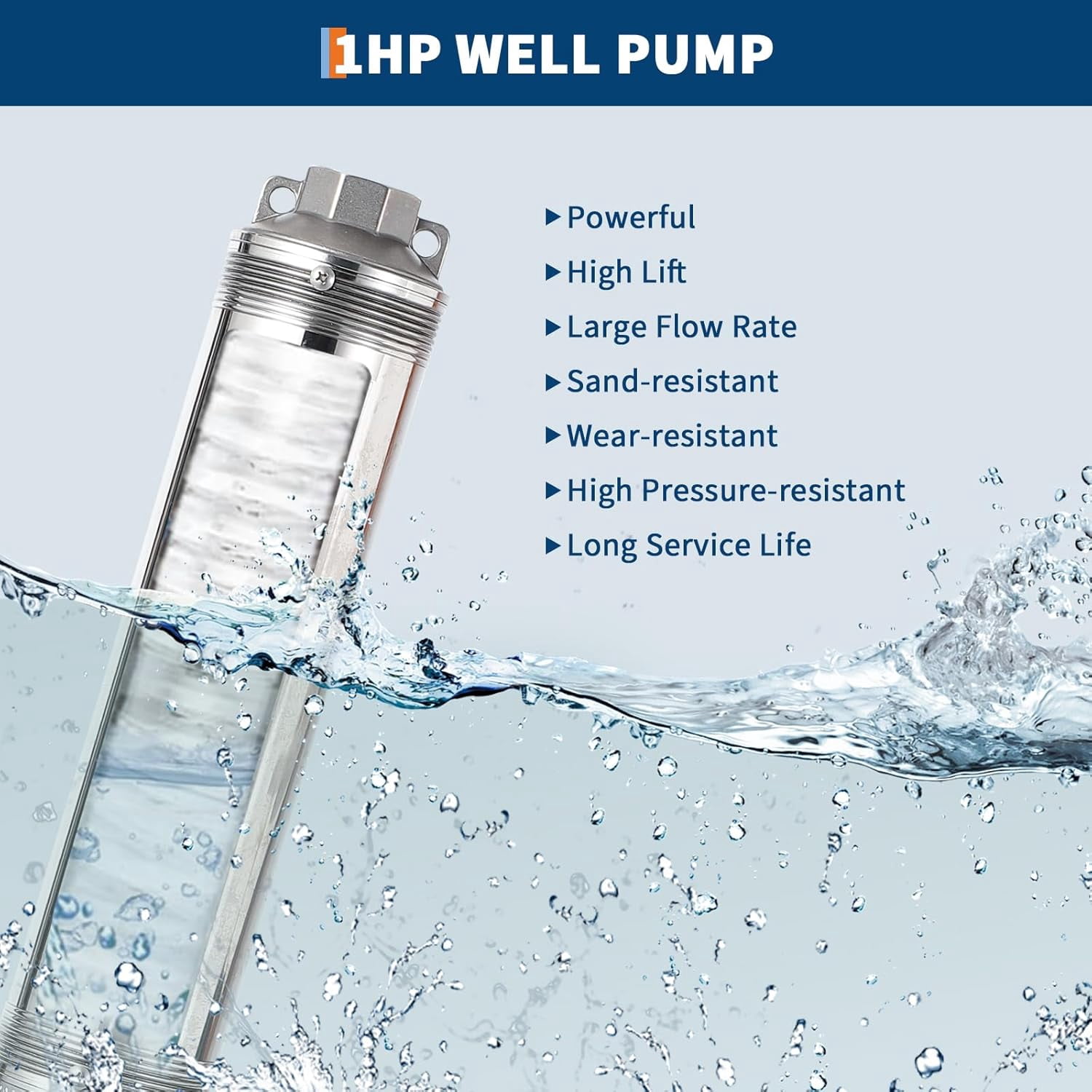 Deep Well Submersible Pump, 1HP 110V/60Hz, 27GPM Flow 204ft Head, with 33ft Electric Cord & Check Valve, 4" Stainless Steel Water Well Pump for Industrial,Irrigation,Home Use, IP68 Waterproof Grade