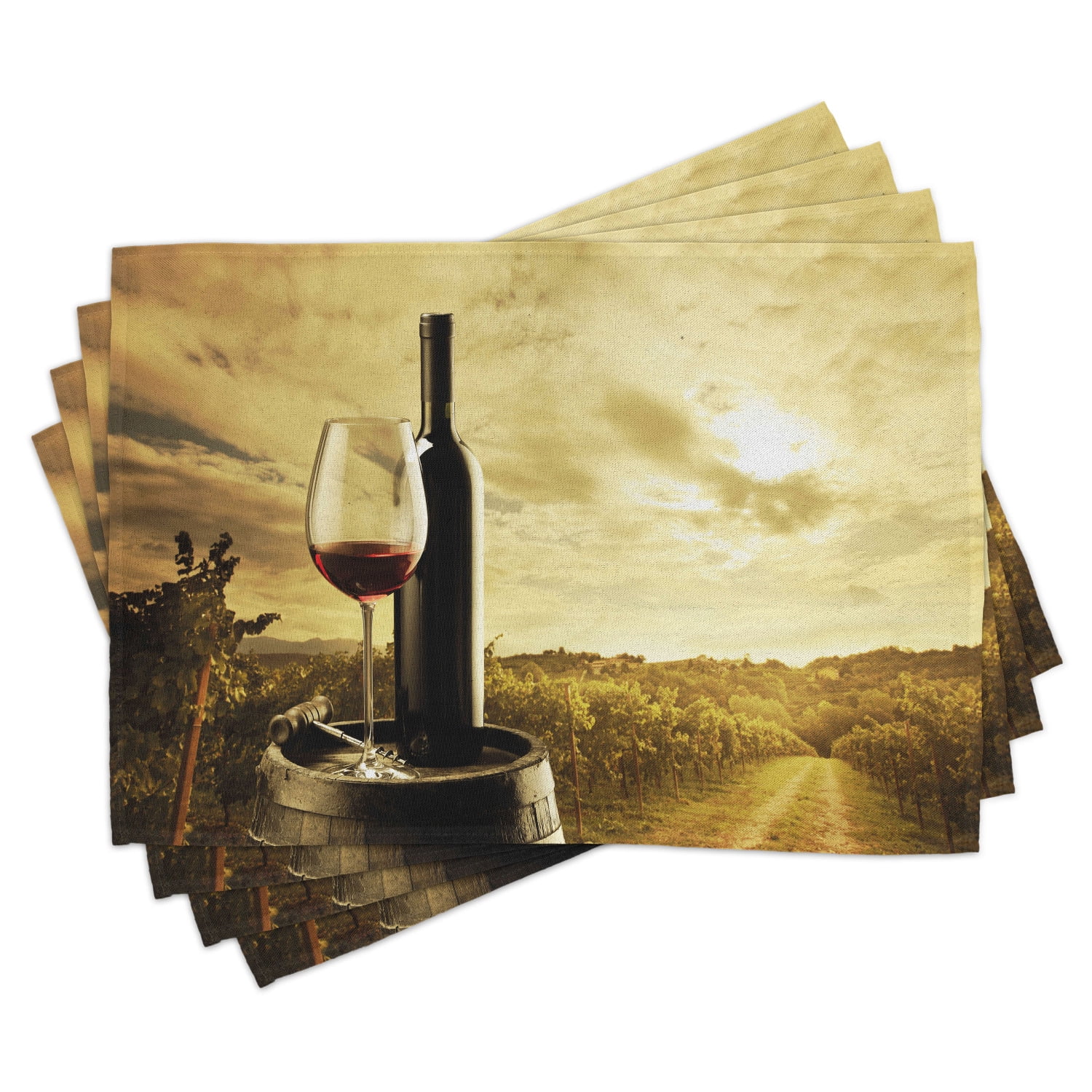 Wine Placemats Set of 4 Red Wine Bottle and Glass on Wooden Barrel