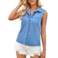 thumbnail image 3 of Women'S Denim Tank Top V Neck Button Down Collared Sleeveless Shirts Casual Blouse Tops Blue S, 3 of 9