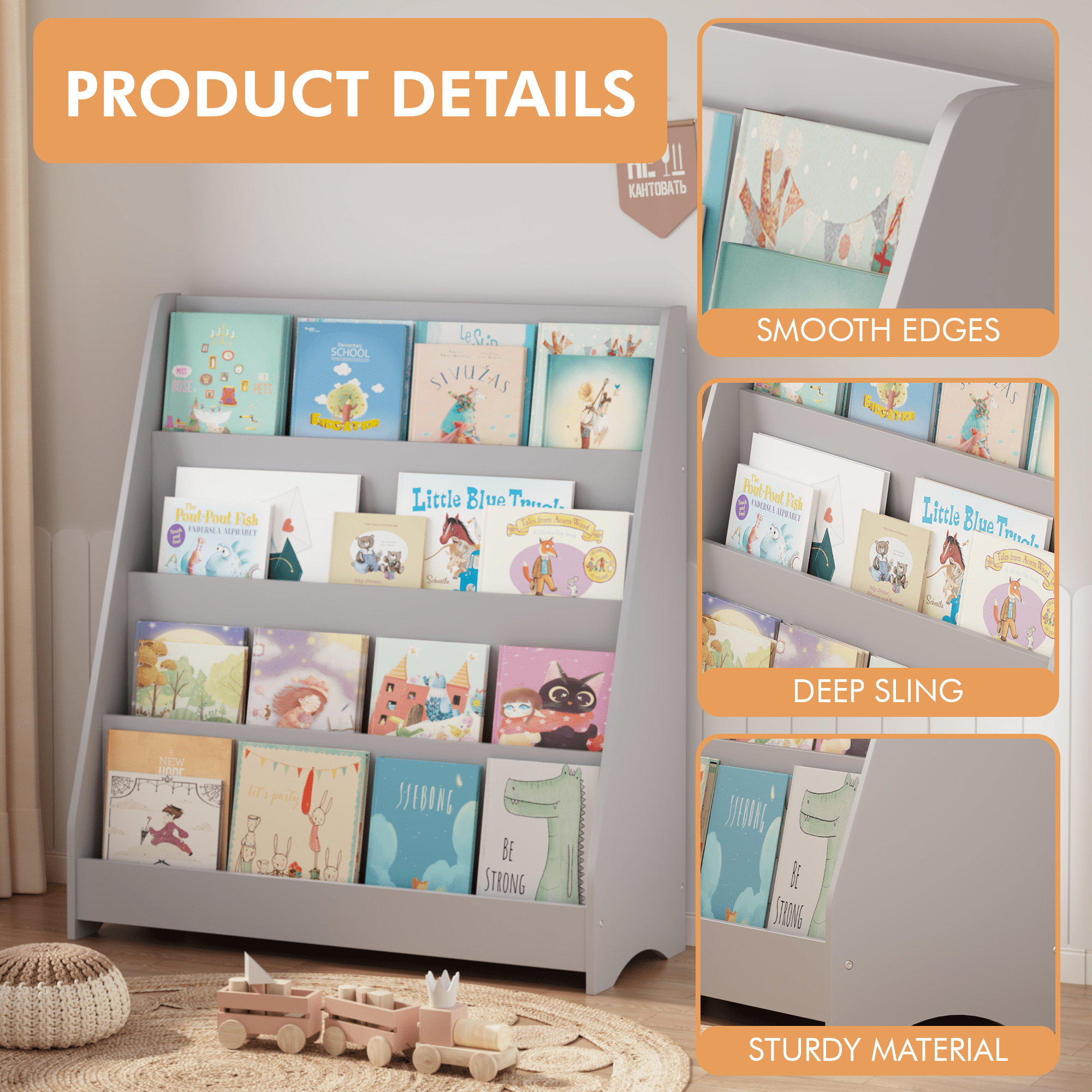 4-Tier Kids Bookshelf, Toddler Book Display Shelves, Helps Keep Bedrooms, Playrooms, and Classrooms Organized, MDF, Gray