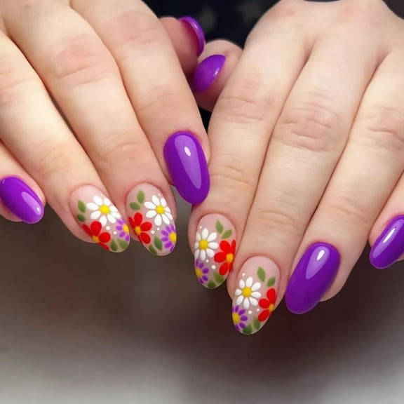 Colorful Flowers Press on Nails Oval Short Fake Nails with Designs Purple False Nails Glossy Full Cover Stick on Nails Acrylic Floral Artificial Nails for Women Glue on Nails 24Pcs Multicolor Purple