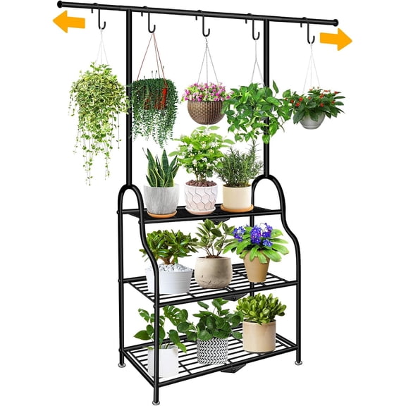 3 Tier Metal Plant Stand Indoor Outdoor, Heavy Duty Metal Hanging Plant Shelf for Multiple Flower Planter Holder, Tall Plant Holder with Plant Hanger for Garden, Living Room, Balcon$$Garden & Patio