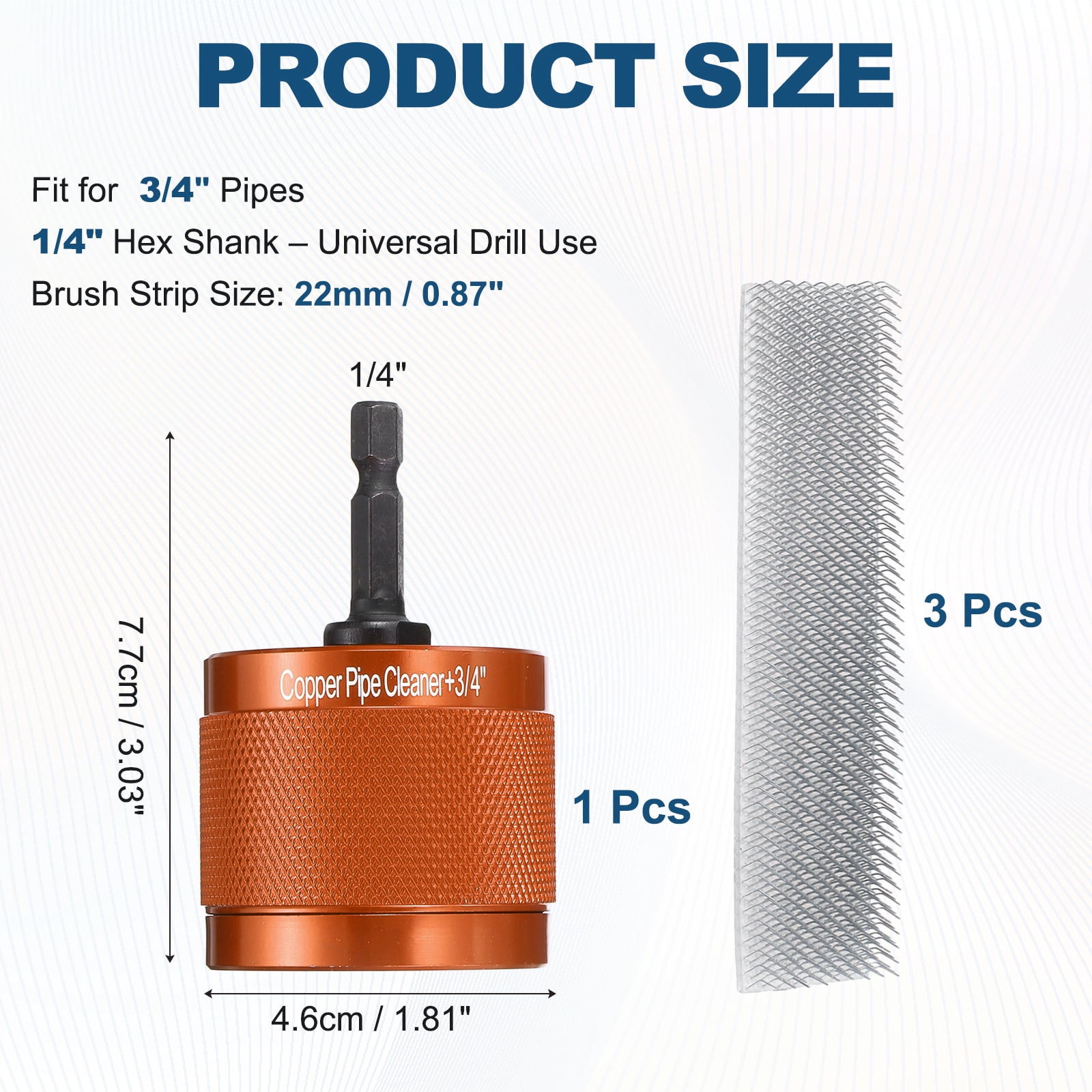 Uxcell 3/4" 1/4" Metal Copper Pipe Cleaner Set, Hex Shank Drill Powered Pipe Brush Replacement Plumbing Tools with 3 Brushes for Removing Dust Rust Copper Various Metal Pipes, Orange