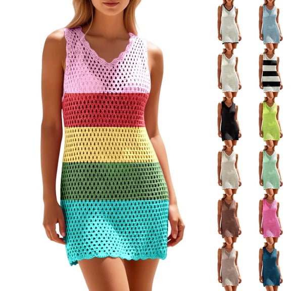 YUEHUA Women's Rainbow Stripe Crochet Swim Cover Up, V Neck Sleeveless Knit Dress, Casual Openwork Bikini Cover