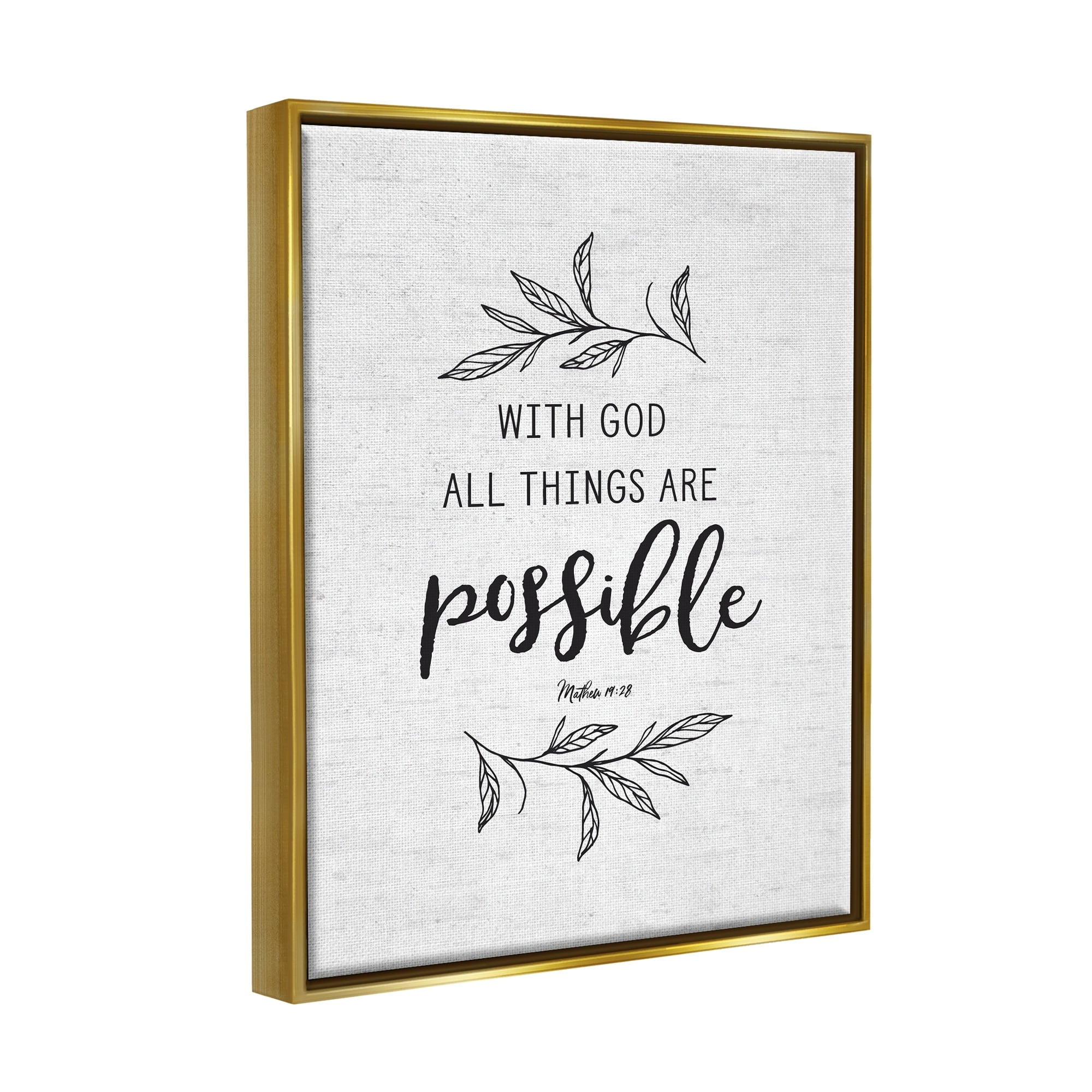 Stupell Industries Motivational Scripture Verse Phrase Botanical Leaf Sprigs Graphic Art Metallic Gold Floating Framed Canvas Print Wall Art, Design by Lettered and Lined