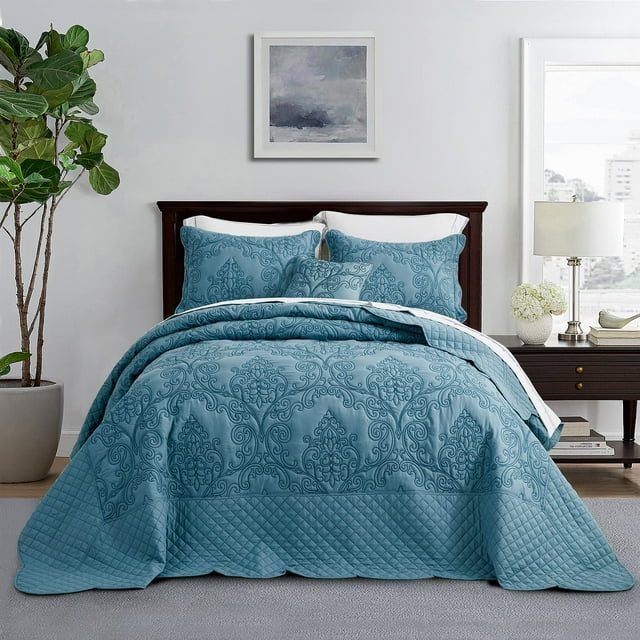 Chixin Juego De Colcha De Gran Tamaño Tamaño King – Funda De Cama Ligera – Hermosas Costuras – Colcha Reversible De 4 Piezas – Patrón De Cachemira Damasco De Lujo (King Lagoon)