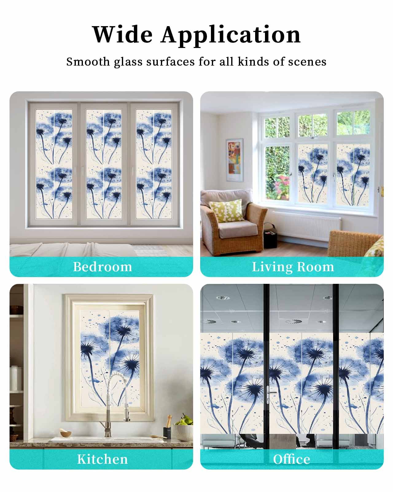 Window Privacy Film Spring Dandelion Stained Glass Window Film Decorative Sun Block Window Cover Simple Vintage Watercolor Blue Flowers Window Clings Static Adhesive Sticker for Bathroom 35.4"x78.7"