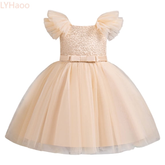 LYHaoo Child Girls Tulle Pageant Dress Party Bow Knot Fly Sleeve Gown Dresses,Little Girls Dresses Sizes 2-3 Years Gold