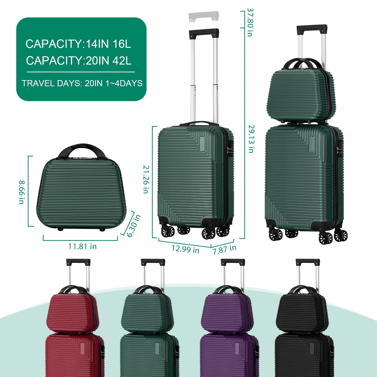 Diagonal Stripe Luggage ABS 2-Piece Set (14"+20") Green