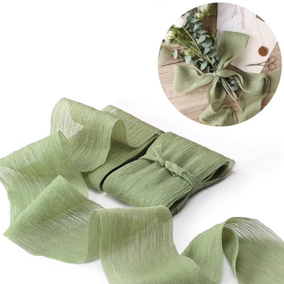 2 Pack Sage Green Lace Ribbon 1.5in x200in Chiffon Crinkle Ribbon for Crafts Bouquet Gift Wrapping, Wedding Home Decor