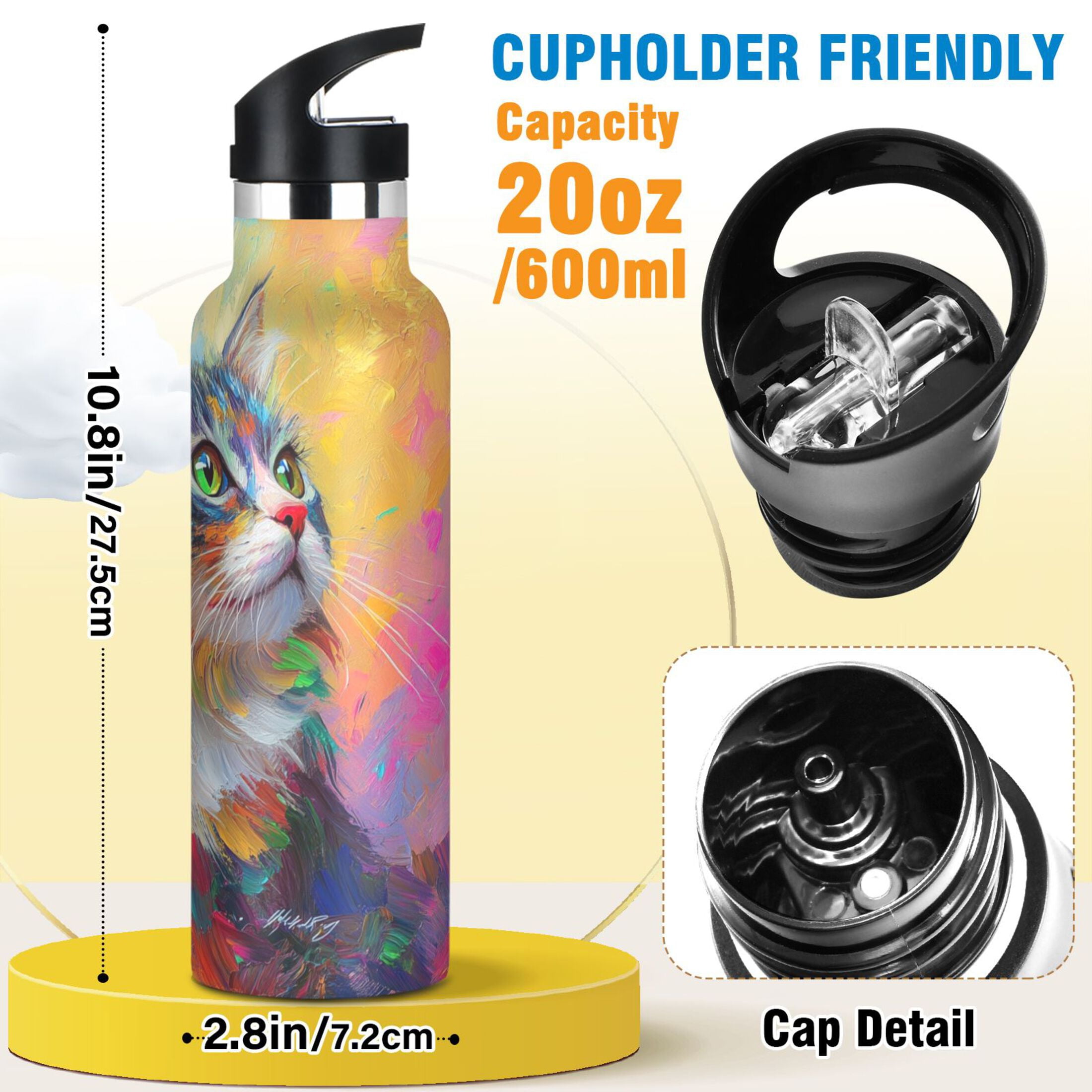 600ML Stainless Steel Insulated Cup Sports Water Bottle Portable Thermos Cup Water Glasses Insulated Tumblers Convenient and Durable Colorful Cartoon Cat