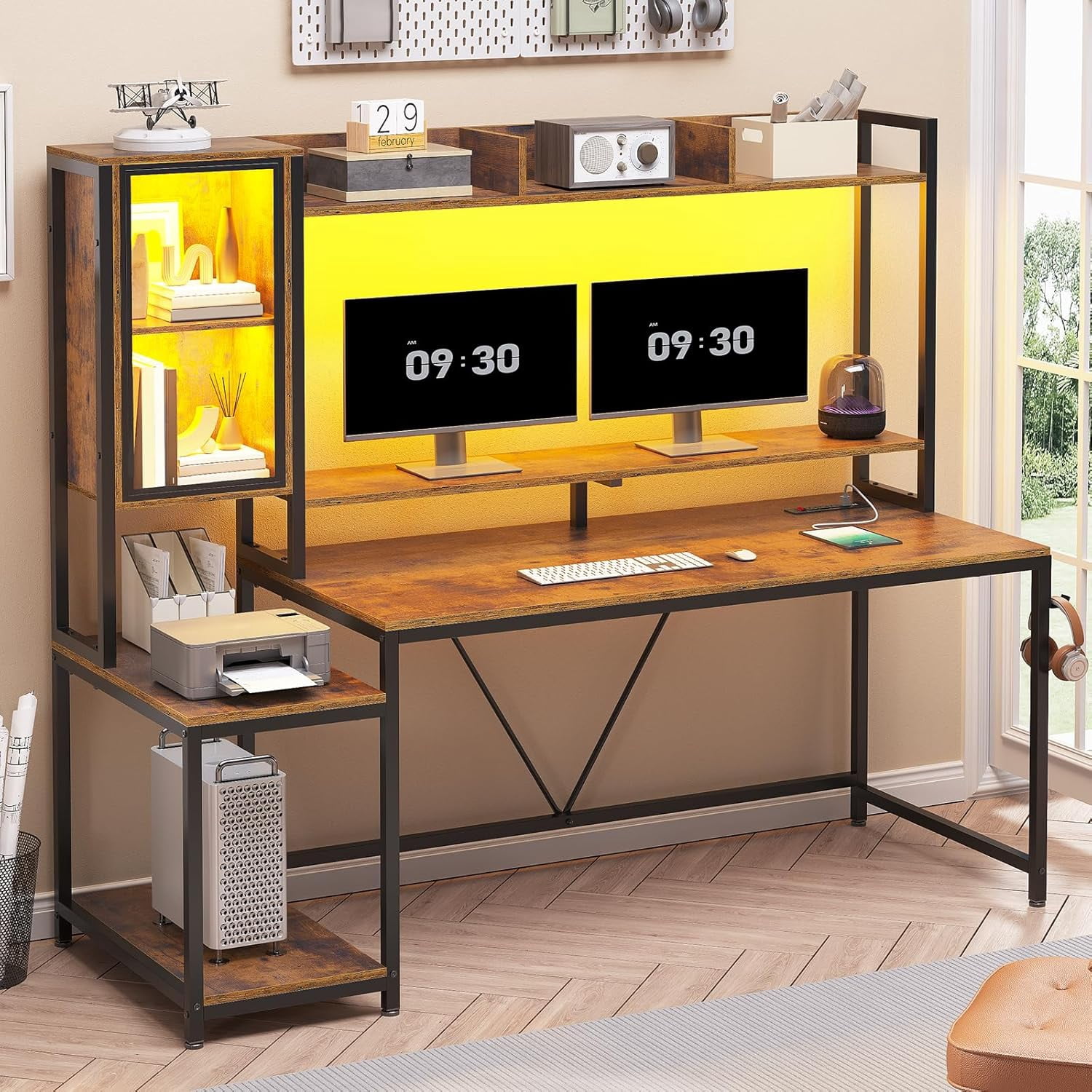 60 Inch Gaming Desk with LED Lights and Power Outlets, Computer Desk with Open Shelves, Large Corner Desk with Monitor Stand, Home Office Desk with Hutch, Rustic Brown