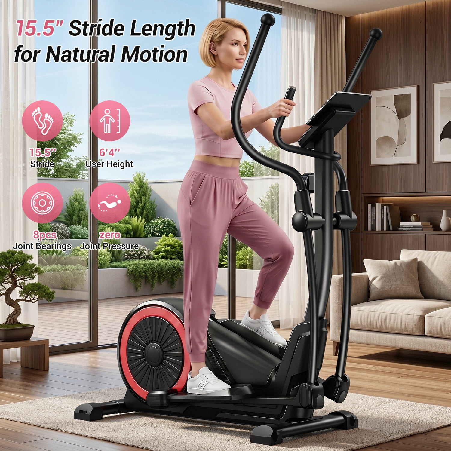 ROBORE Magnetic Elliptical Machine for Home, 16 Resistance Levels, 15.5" Stride, Heart Rate Grips, 350 lbs Capacity, Quiet Cardio Trainer
