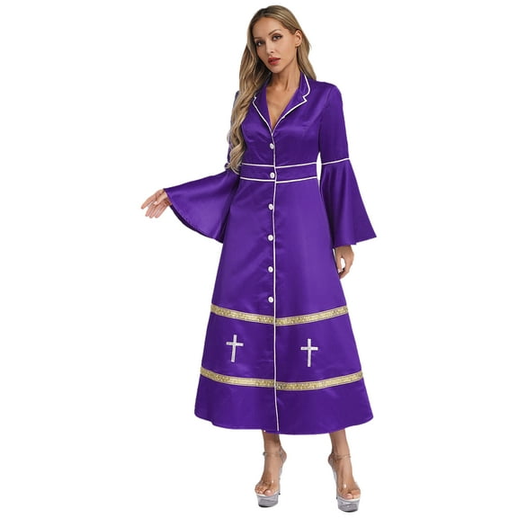 Lejafay Women Long Sleeves Clergy Robes with Stand Up Collar Button Down Pastor Clergy Dresses Purple XXL