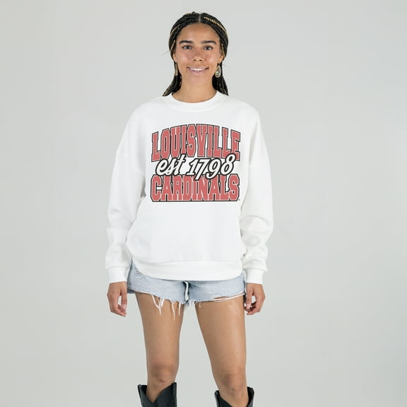 Women's Gameday Couture White Louisville Cardinals Oversized Faded Formation Premium Fleece Sweatshirt