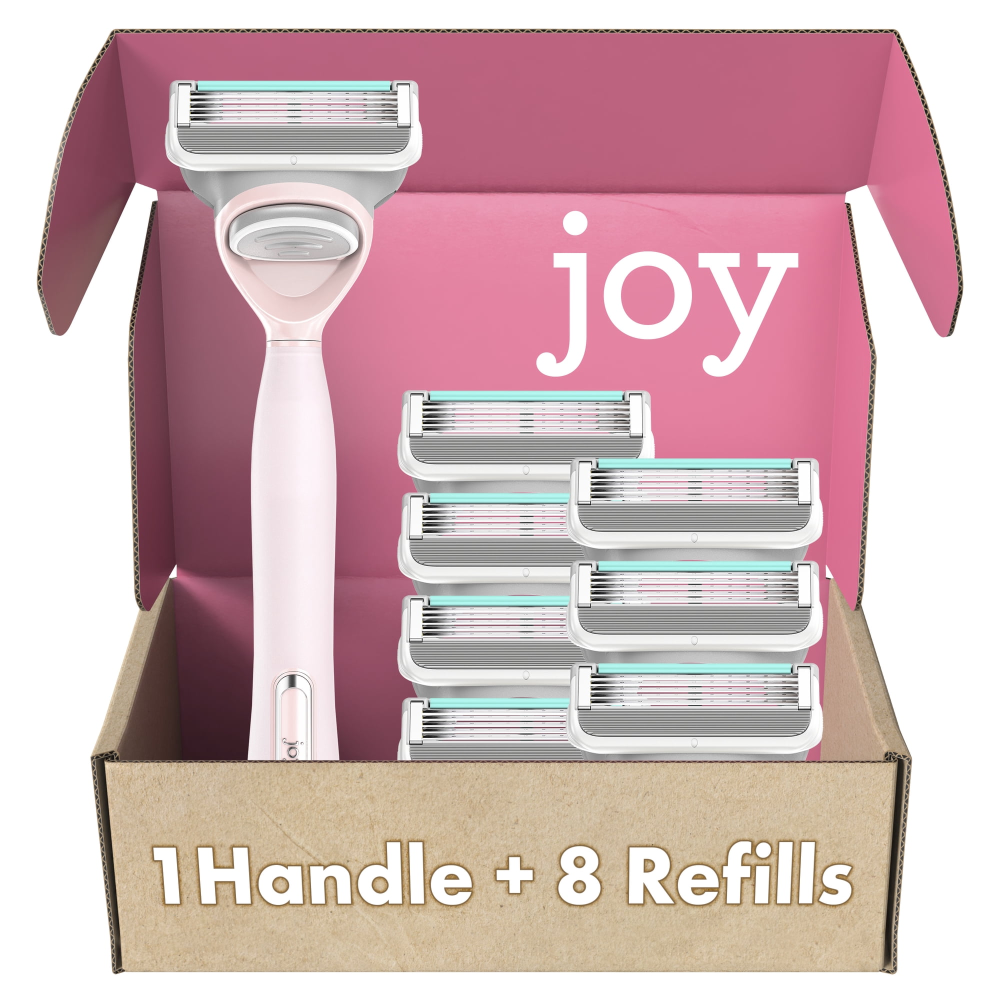 joy pink razor for women, shave kit with 1 handle + 8 razor blade refills
