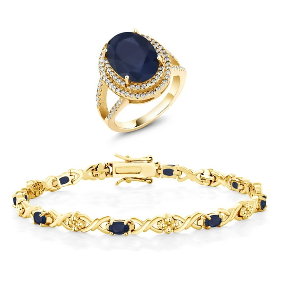 Gem Stone King 11.90 Ct Oval Blue Sapphire 18K Yellow Gold Plated Silver Ring and Bracelet Jewelry Set (Size 7)