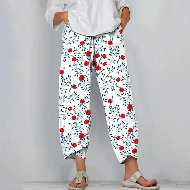 zanvin Pantalons en Lin pour Femmes, Mode Été Décontractée Poches Droites Imprimé Pantalons Cargo Femmes
