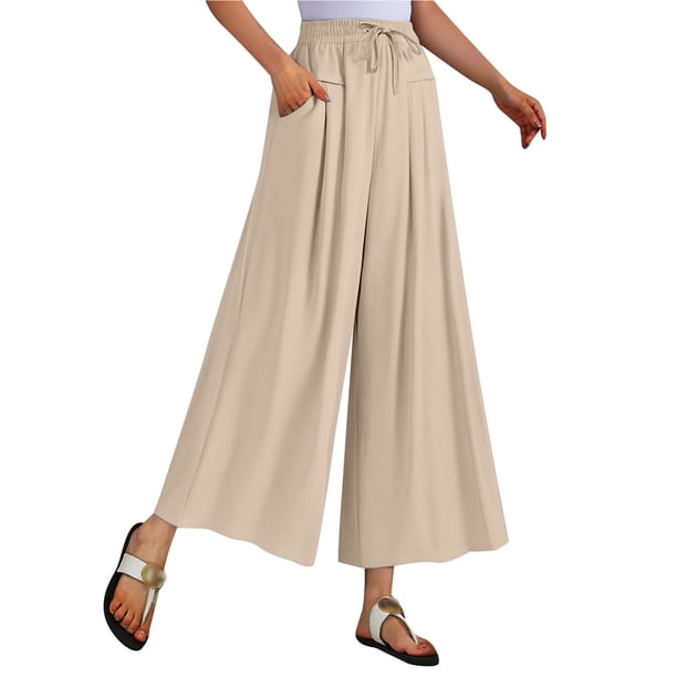 Pantalones palazzo anchos para mujer: cintura alta con cordón, bolsillos, poliéster, verano, playa, tallas M-XXL