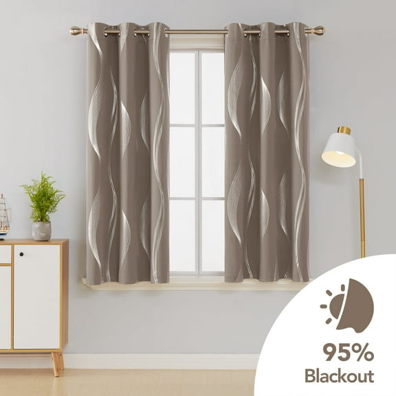 Deconovo Silver Wave Line Foil Printed Blackout Curtains Grommet Panels with 42x54 inch 1 Pair Khaki
