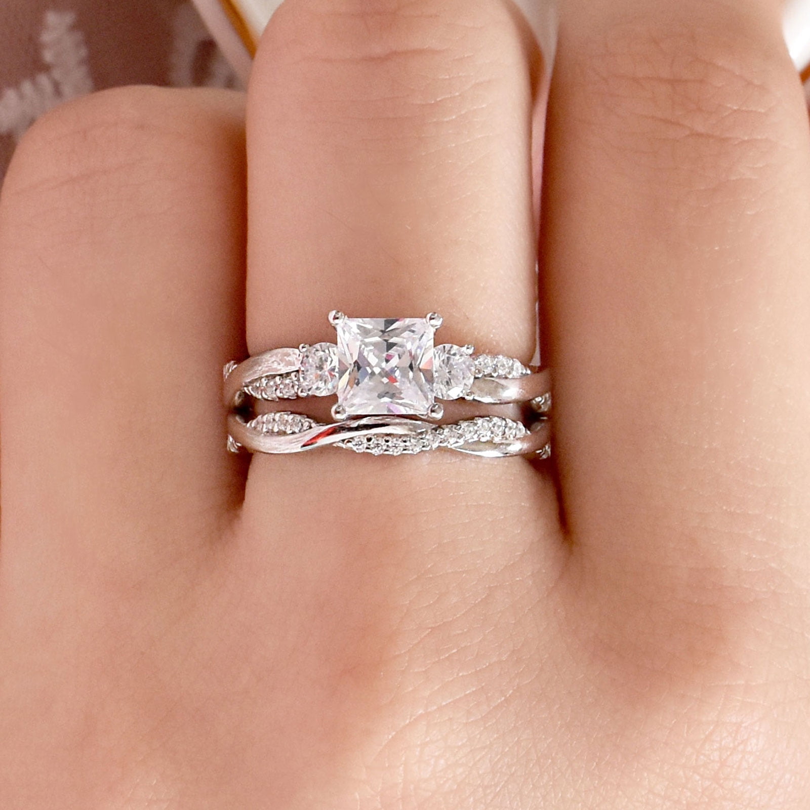 Wuziwen 1 Carat Wedding Ring Sets Infinity Band Princess Sterling Silver Rings for Women CZ Size 7