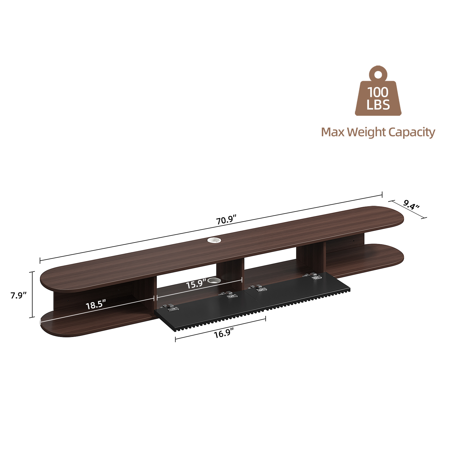 ​​FloatiCasa 70" Floating TV Stand Wall-Mounted Entertainment Center with 2 Doors and Vertical Groove Design for TVs up to 75" for Living Room and Bedroom, Walnut​​ and Black