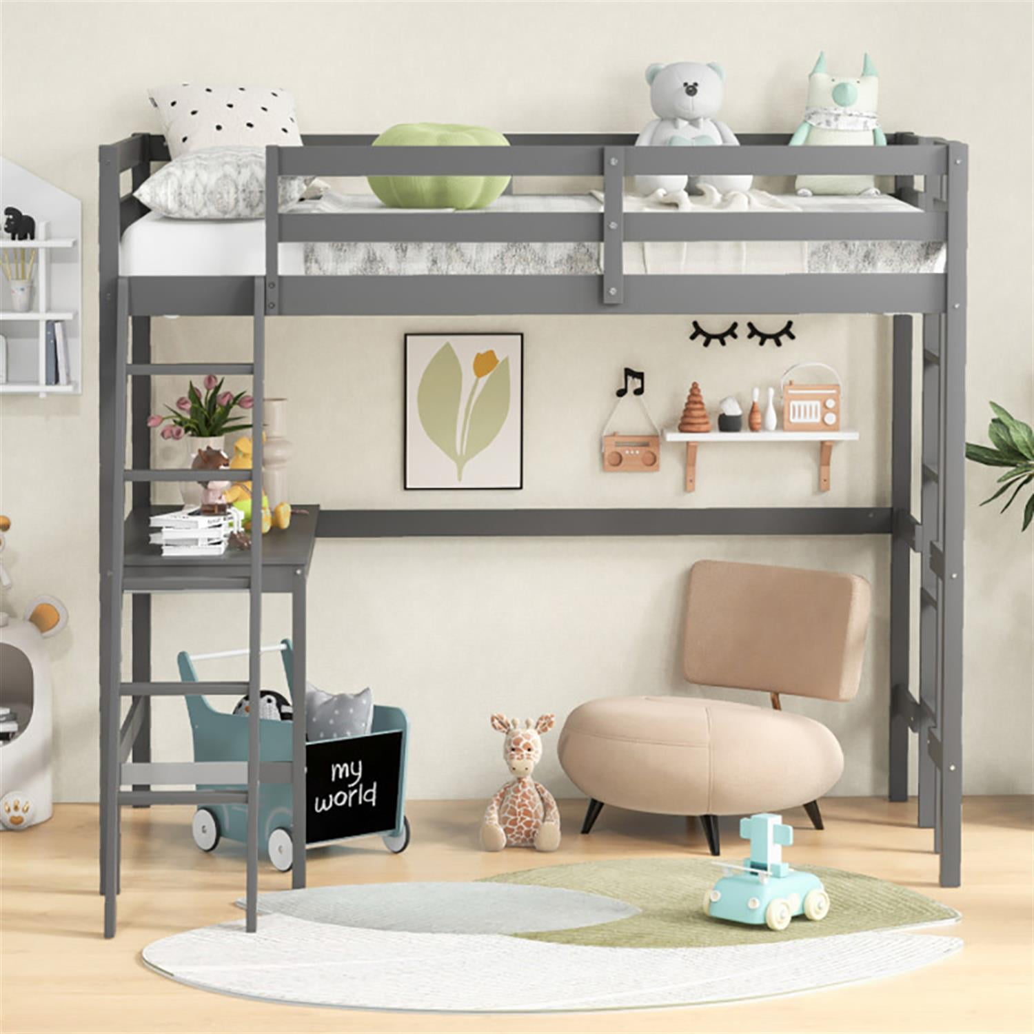 Demi Bonn Loft Bed Twin Size, Solid Wood Loft Bed with Desk Angled and Built-in Ladder, Modern Wooden Playhouse Bed Frame, Gray