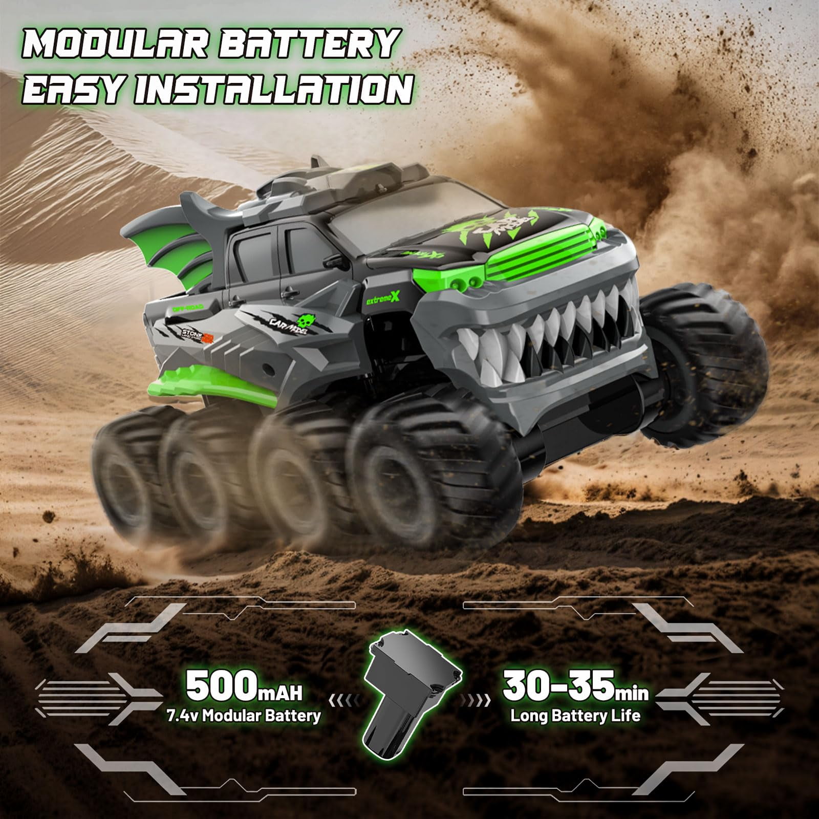 Amphibious Remote Control Car 8WD RC Monster Truck with 2 Rechargeable Batteries for Boys Age 8-12 Offroad Waterproof RC Pickup All Terrain RC Drift Cars Beach Pool Toys Gifts for Kids