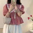 thumbnail image 4 of Blusa de manga corta abullonada para mujer, cuello vuelto, cuello en V, ribete de volantes, dobladillo con volantes, Top frontal con lazo, Rosa M, 4 of 8