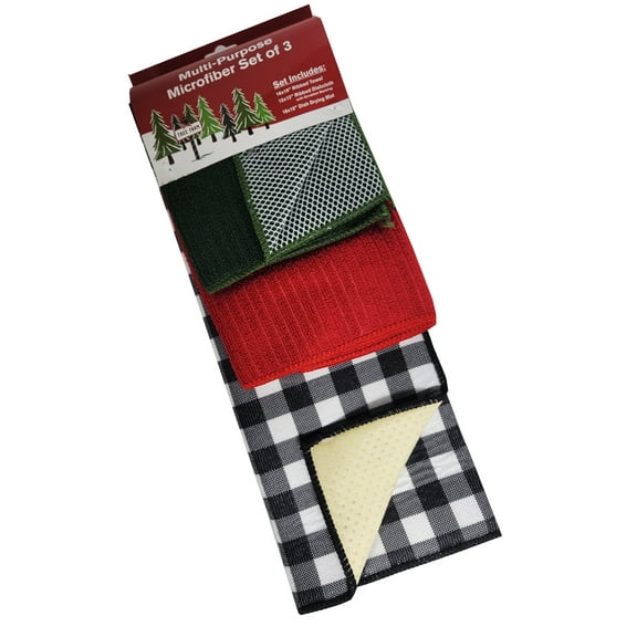 Kane Home Black White Buffalo Plaid Drying Mat, Red and Green Ribbed Towel and Dishcloth