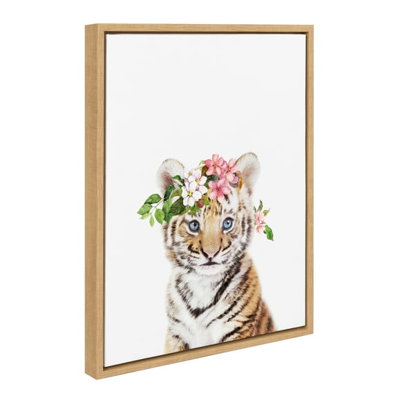 Kate and Laurel Sylvie Flower Crown Tiger Cub Framed Canvas Wall Art by Amy Peterson Art Studio, 18x24 Natural, Cute Animal Art for Wall Decor