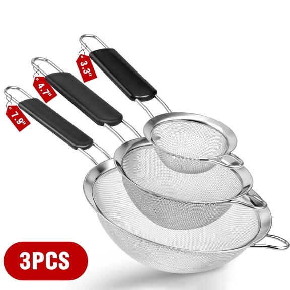 Set of 3 Fine Mesh Strainers for Kitchen, Large Fine Mesh Strainer with Thermo Plastic Rubber Handle, Sieve Fine Mesh Stainless Steel, Ideal Kitchen Essential to Strain Pasta, Quinoa and Rice